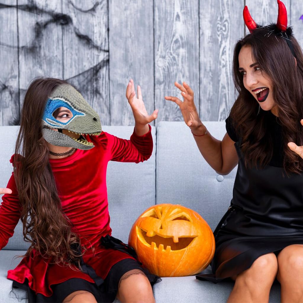 HASTHIP® Máscara de Dinosaurio Jurásico,Dino Mask Realista Velociraptor Blue con Mandíbula Móvil y Sonidos Rugientes,Máscara de Juego Rol Inspirada en Película para Niños y Adultos