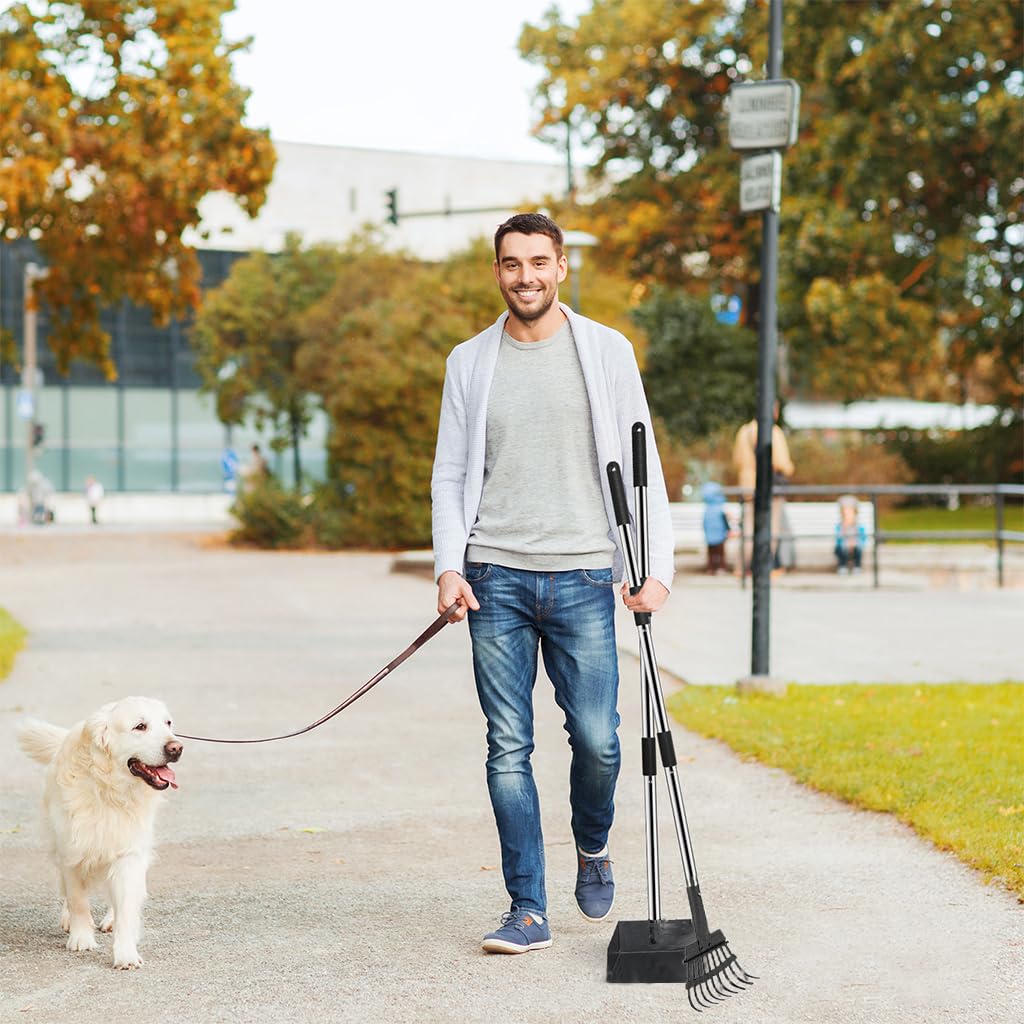 HASTHIP Dog Pooper Scooper Set for Yard Cleaning with 36.2 in Adjustable Handle and 9 Pronged Stainless Steel Rake