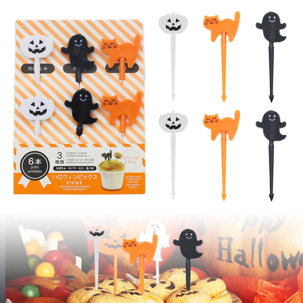 6Pcs Food Fruit Forks for Kids, Halloween Cupcake Topper Pumpkin Cats Long Handle Small Fork, Lunch Bento Forks for Fruits Cake Dessert, Reusable, Food Grade Plastic