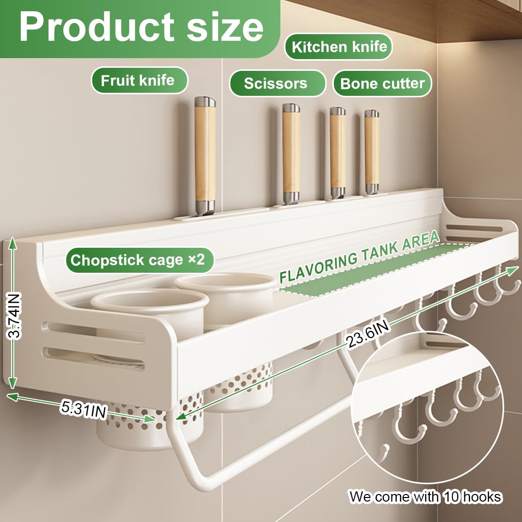 HASTHIP Kitchen Wall Organizer Rack for Utensils featuring Under Shelf Hooks and 23.6 in Aluminium Frame | Towel and Seasoning Jar Storage