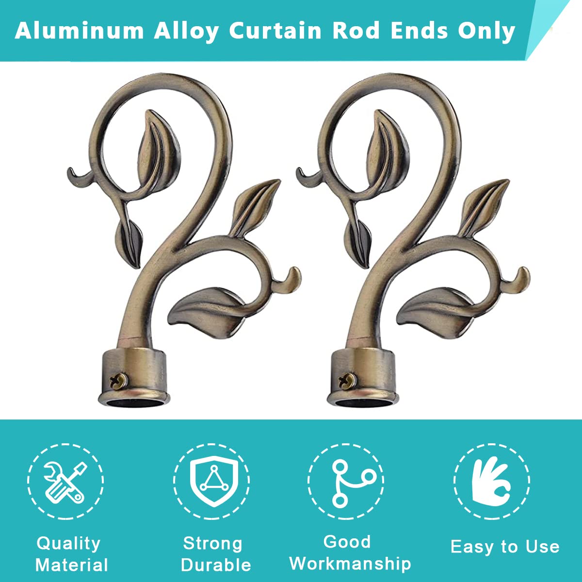 HASTHIP Curtain Rod Finials for 20–22.5mm Rods with Leaf Branch Design in Brass | Set of 4