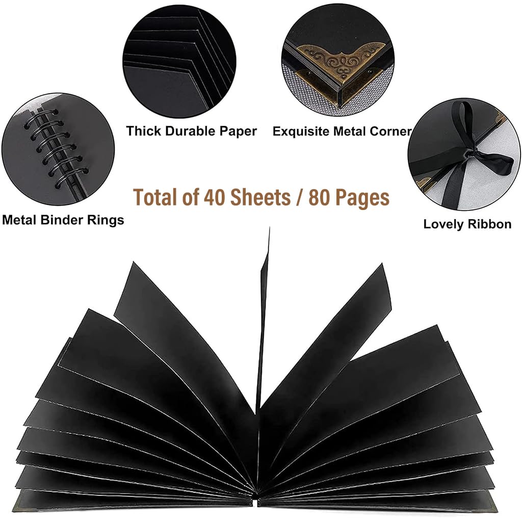 HASTHIP DIY Scrapbook Photo Album Kit for Weddings and Anniversaries with Ribbon Closure 80 Pages Black | Perfect Memory Gift