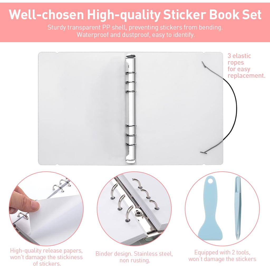 HASTHIP® Journal Stickers Collecting Binder, 50 Sheets A5 Size Sticker Collecting Album, Waterproof Scrapbooking Album for Vinyl & Reusable Stickers with Tweezer & Removal Tool