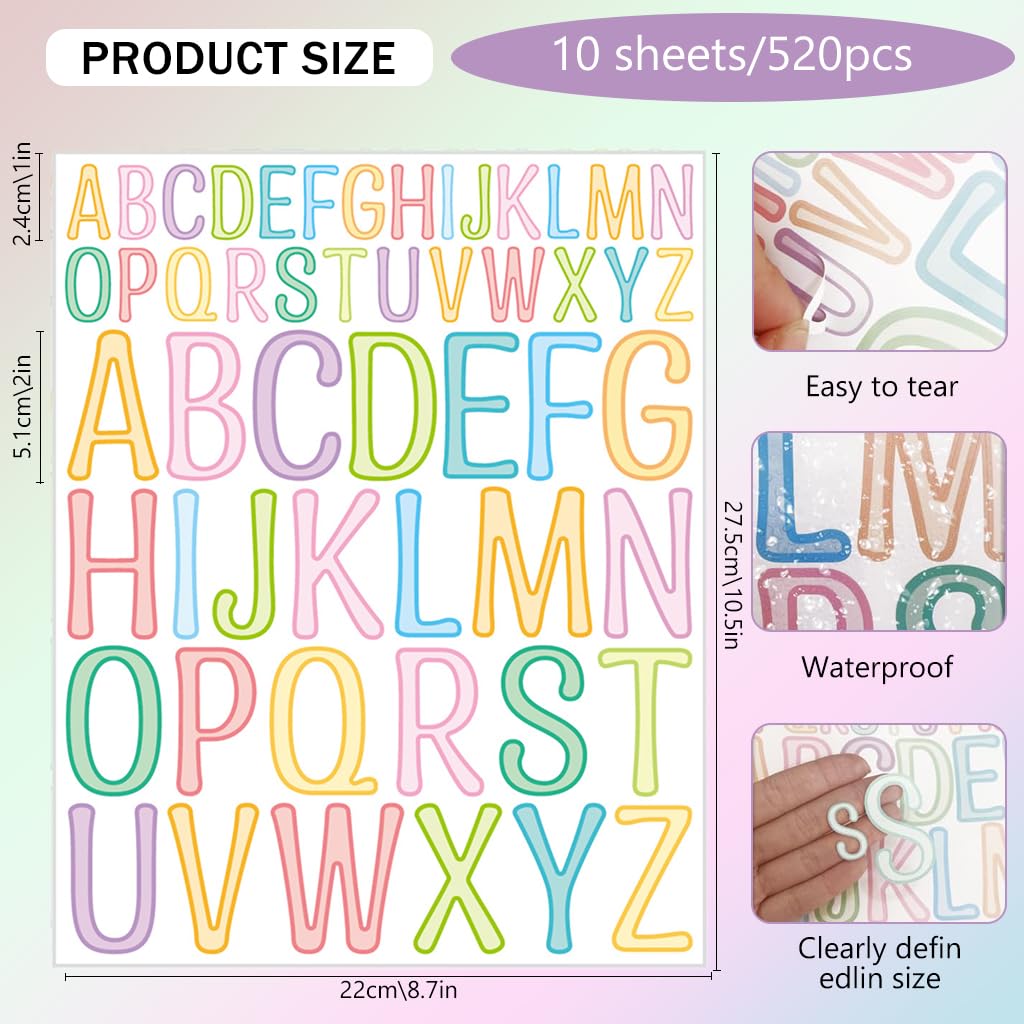 HASTHIP Alphabet Stickers for DIY Crafts and Bulletin Boards featuring 10 Sheets Vinyl Letters 1 inch and 2 inches | Multicolor Set