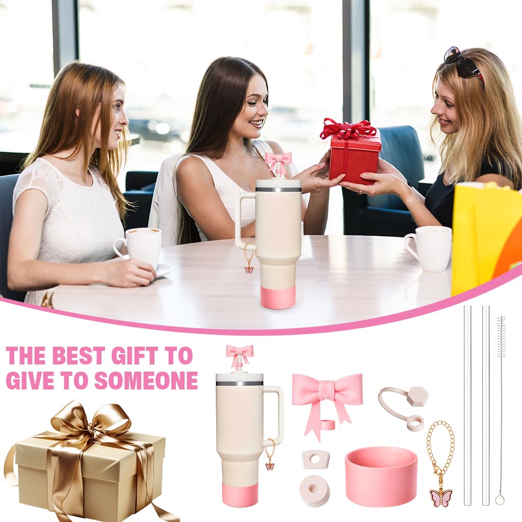 HASTHIP Stanley Cup Accessories 18 pcs Set for Enhanced Drink Use with Straw Caps and Brush | Cute Bow Charm and Bottom Sleeve Decor Kit