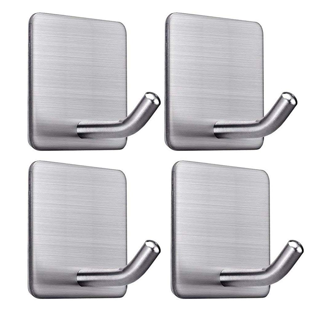 Self Adhesive Hooks, Heavy Duty Stainless Steel Waterproof Towel Hooks Stick on Hooks Wall Hangers Sticky Hooks for Hanging Bathroom Kitchen Home-4 Packs