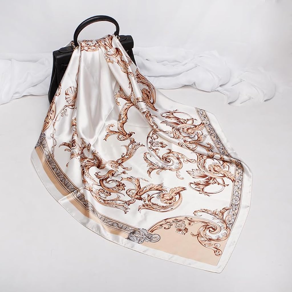 HASTHIP® Head Scarf for Women Silk Hair Scarf Printed Square Scarves Bandanas for Women 35 Inches-Beige