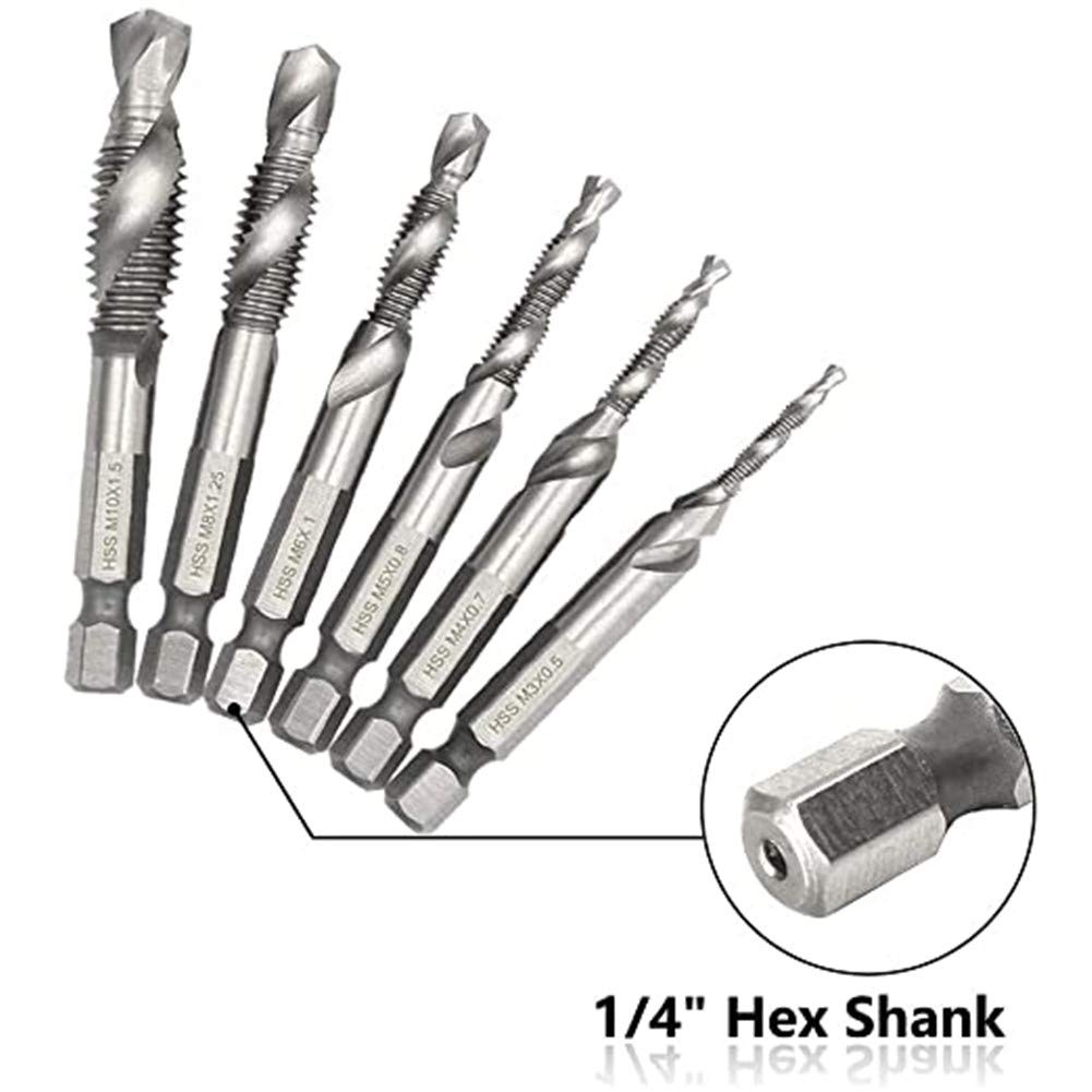 6 Pcs Spiral Tap Drill Bit Set, Titanium Coated HSS Fluted Machine Screw Tap Kit, 1/4" Hex Shank Countersunk Tap Drill Bit, Drill Taps Metric M3 M4 M5 M6 M8 M10 (Silver)