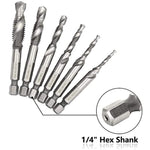 6 Pcs Spiral Tap Drill Bit Set, Titanium Coated HSS Fluted Machine Screw Tap Kit, 1/4" Hex Shank Countersunk Tap Drill Bit, Drill Taps Metric M3 M4 M5 M6 M8 M10 (Silver)