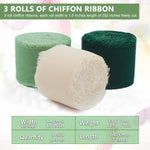 3 Rolls Chiffon Ribbon Fringe Chiffon Silk-Feel Ribbons, Cream & Green Ribbons Set for DIY Craft, Wedding Decoration, Bridal Bouquets, Gifts Wrapping (1.5"x 7Yd Per Roll)