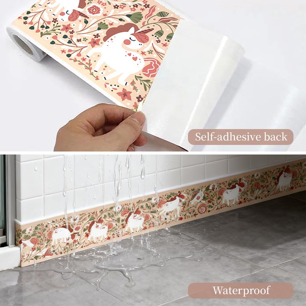 HASTHIP Wallpaper Border for Kids Rooms with Peel and Stick Design 0.32ft x 9.84ft PVC | Pink Unicorn Floral Decor
