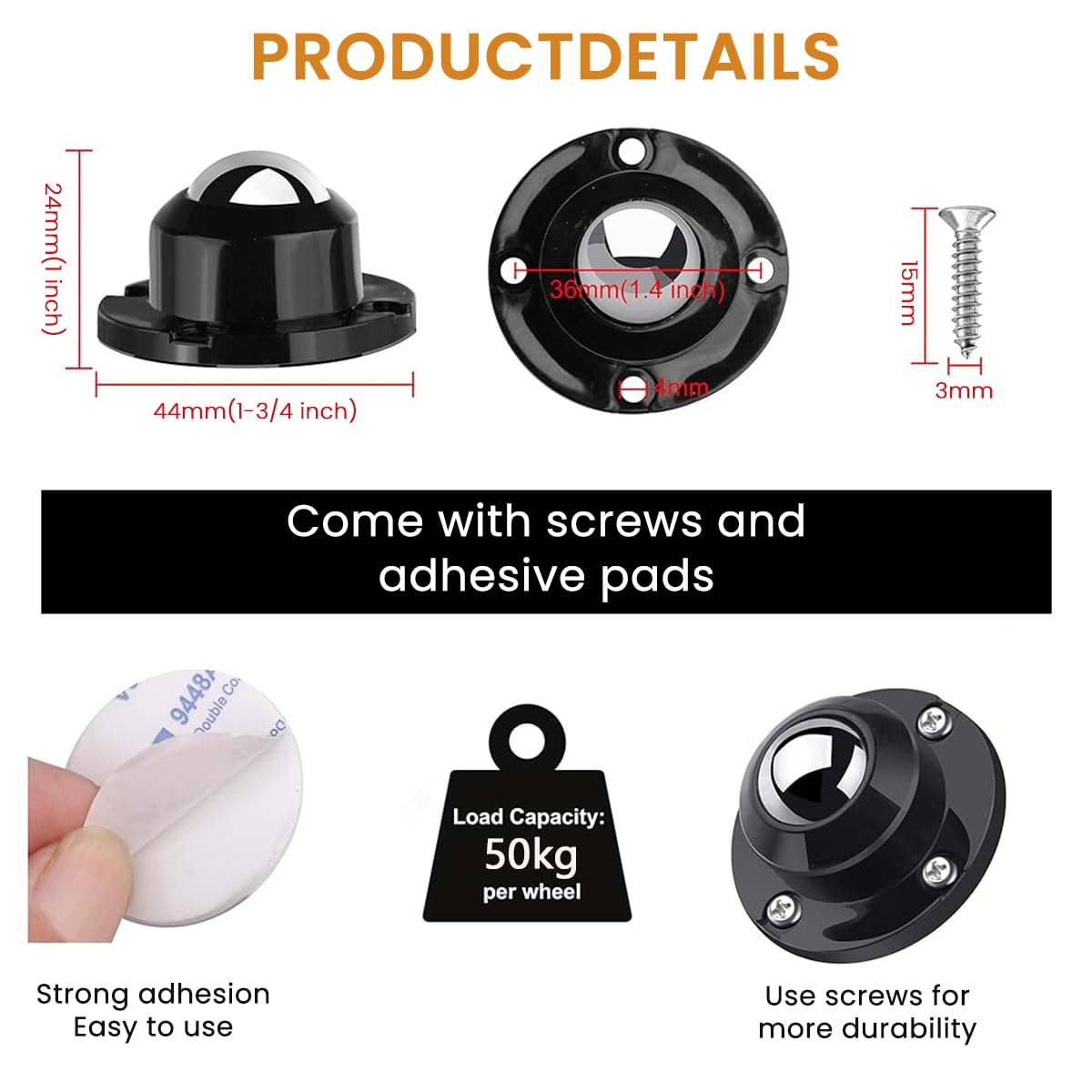 4pcs Caster Wheel Self Adhesive Caster Wheel 360° Swivel Wheels for Furniture, Small Appliance, DIY Modification Moving Table Heavy Duty Caster Wheels 200Kg Loading Capacity, Black