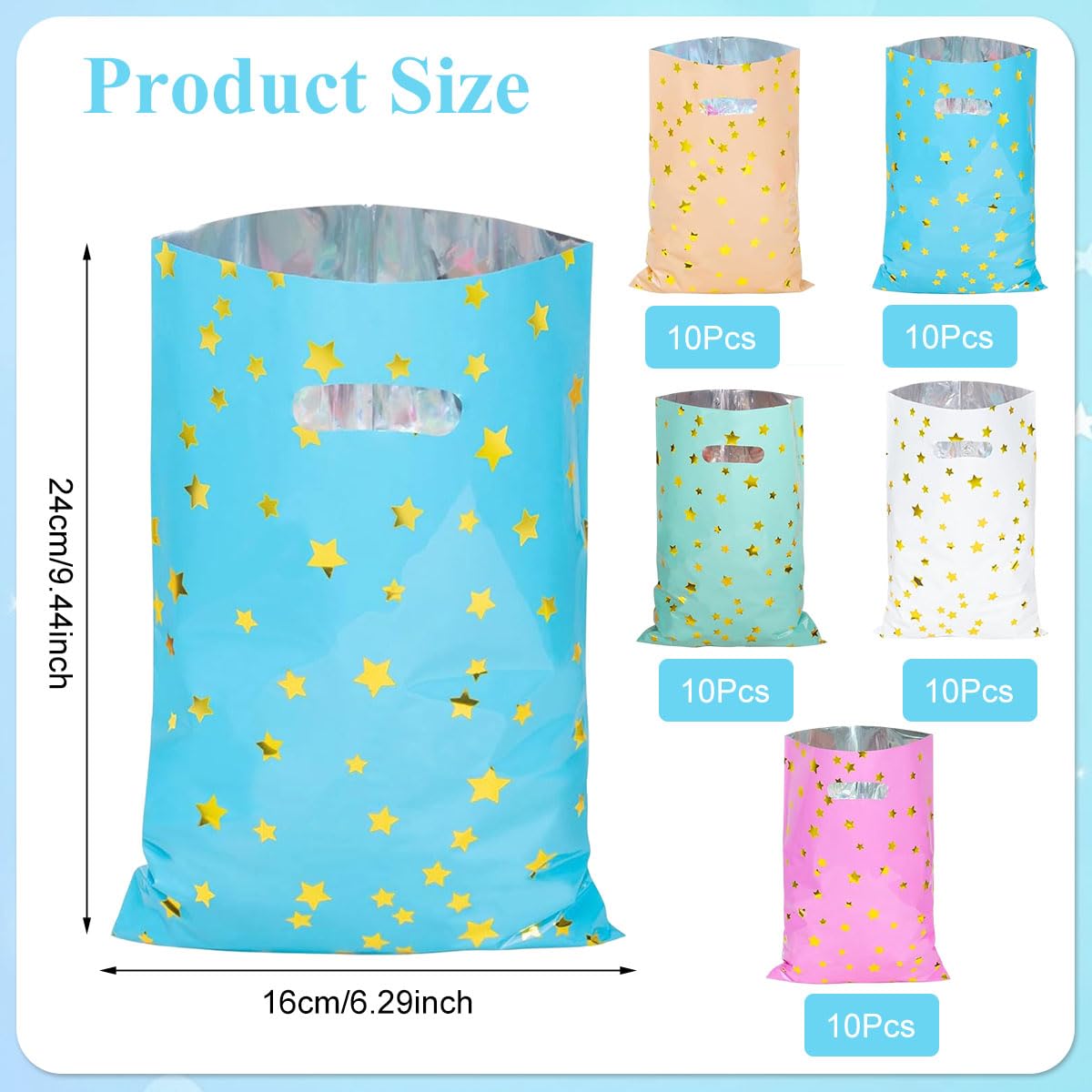 HASTHIP Gift Bags for Parties and Children's Day with Star Print 50 Pcs 33x18cm | 5 Colors