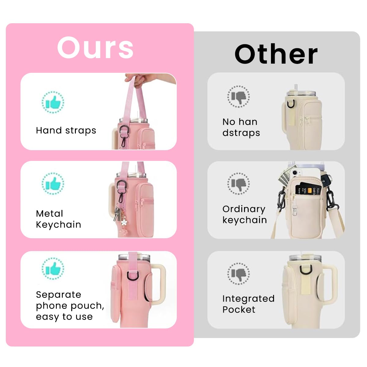 HASTHIP Water Bottle Carrier Bag for Stanley 30 oz Tumbler with Phone Pocket and Adjustable Strap | Pink Neoprene Holder