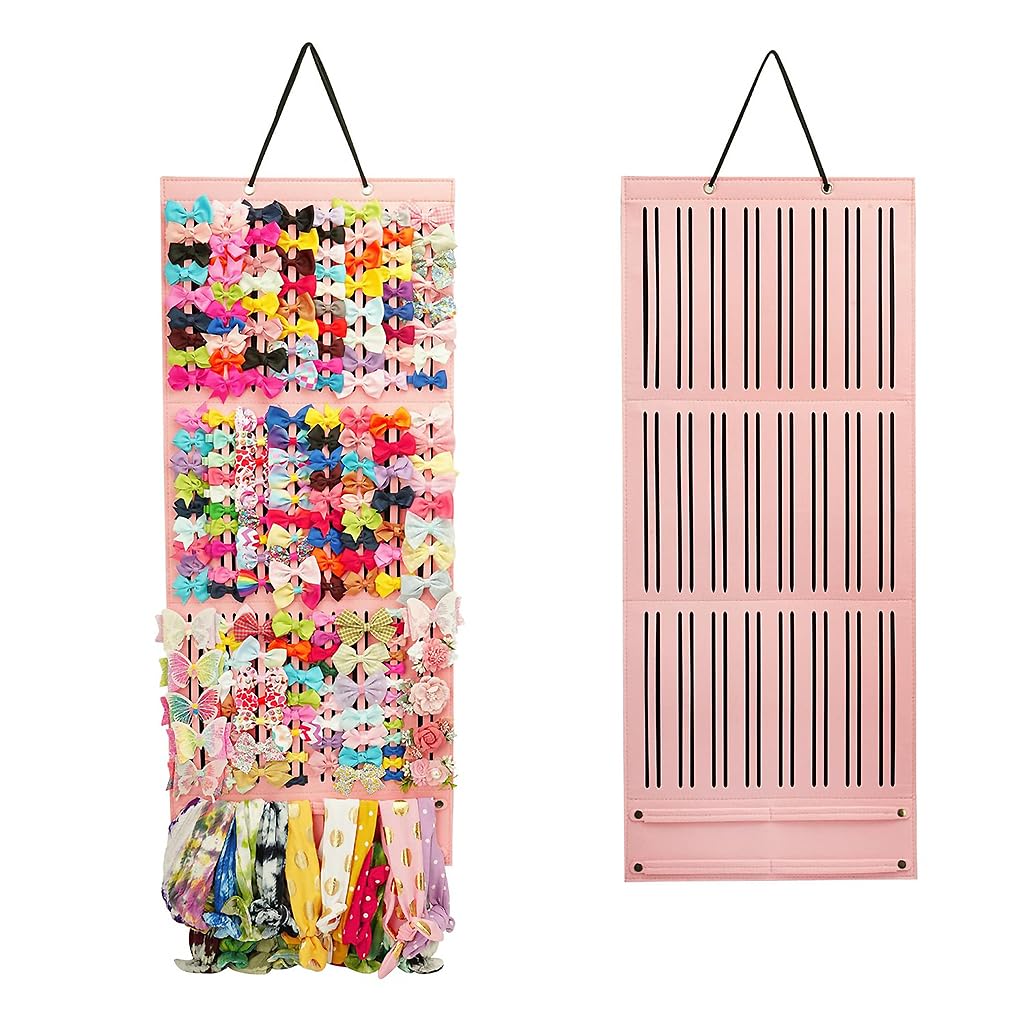 HASTHIP Hair Accessories Organizer for Wall Hanging with 3 Layer Felt Straps 35.4x14.9 in Pink | For Girls and Women Hair Clips and Headbands Storage