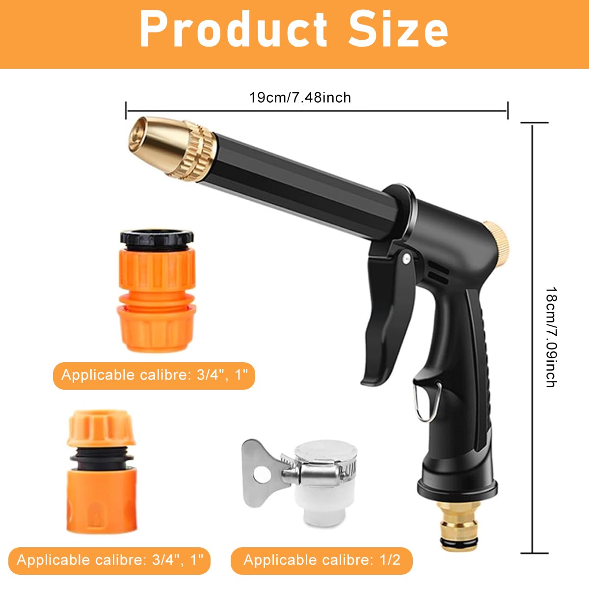 HASTHIP® High Pressure Water Spray Gun 7.2 inches Heavy Duty Metal Pressurized Sprayer Water Gun with 4 Spray Patterns Multi Purpose Water Spray Gun for Car Washing, Gardening, Watering, Irrigation