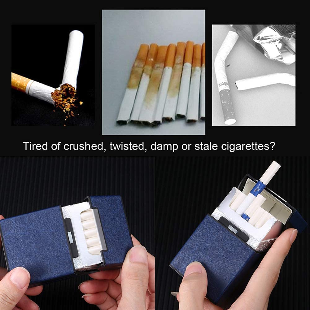 HASTHIP Cigarette Case for 20 Regular Size Cigarettes with Magnetic Flip Top and Blue PU Leather | Compact 9.3 x 6 x 2.7cm Portable Holder