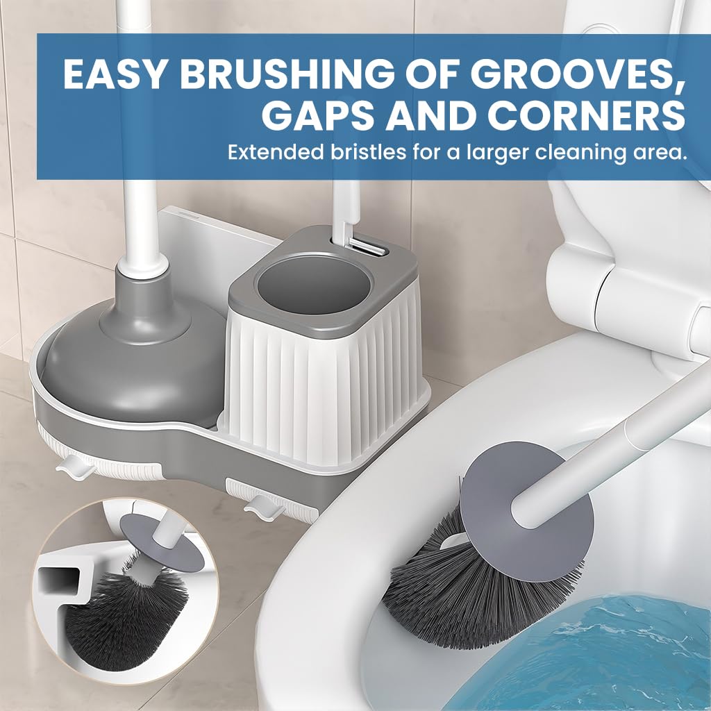 HASTHIP Toilet Brush Kit for Bathroom Cleaning with 3 Piece Set and 360° Deep Scrub | Plunger and Storage Rack