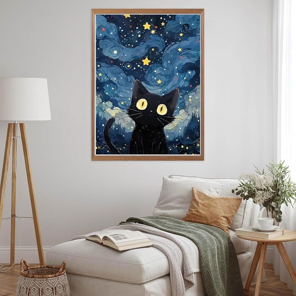 HASTHIP® DIY Diamond Painting Kit for Adults, Cartoon Cat Starry Night Paint by Numbers with Tools & Accessories, 30x40cm No Frame Pre Outlined Canvas Diamond Art Kit