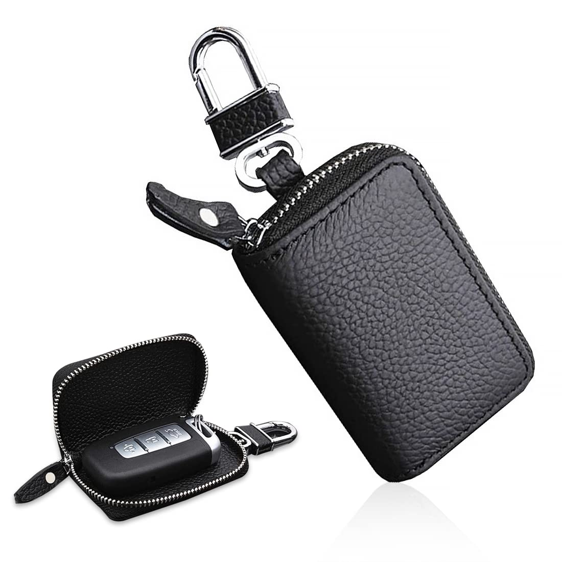 HASTHIP® Estuche de Llaves de Coche Cuero con Cremallera,Llavero Inteligente Portátil,Monedero Compacto para Llaves Auto Regalo para Mujeres y Hombres (8.5x5.2cm),Negro