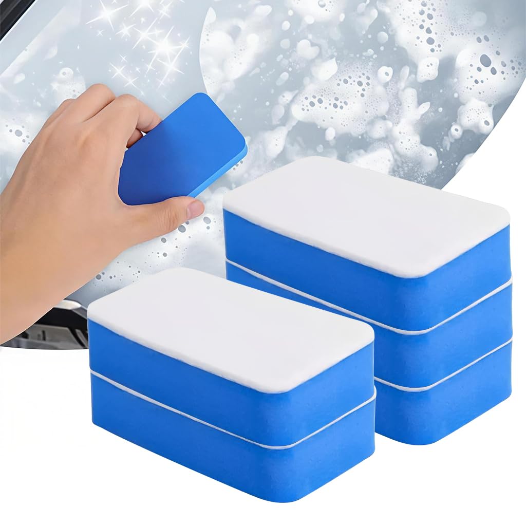 HASTHIP® 5Pcs Car Oil Film Cleaning Sponge Wipers Double Sided EVA Wool Felt Polishing Sponges Brush, Non-abrasive Glass Polishing Waxing Cleaning Brush, 9x5x2.5cm