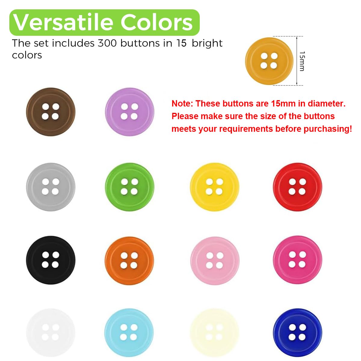 HASTHIP® 300pcs Buttons for Craft DIY 15mm Round Resin Sewing Buttons for Clothes with Box 4 Holes 15 Colors Ornament Crafts Buttons for Sewing Knitting Arts