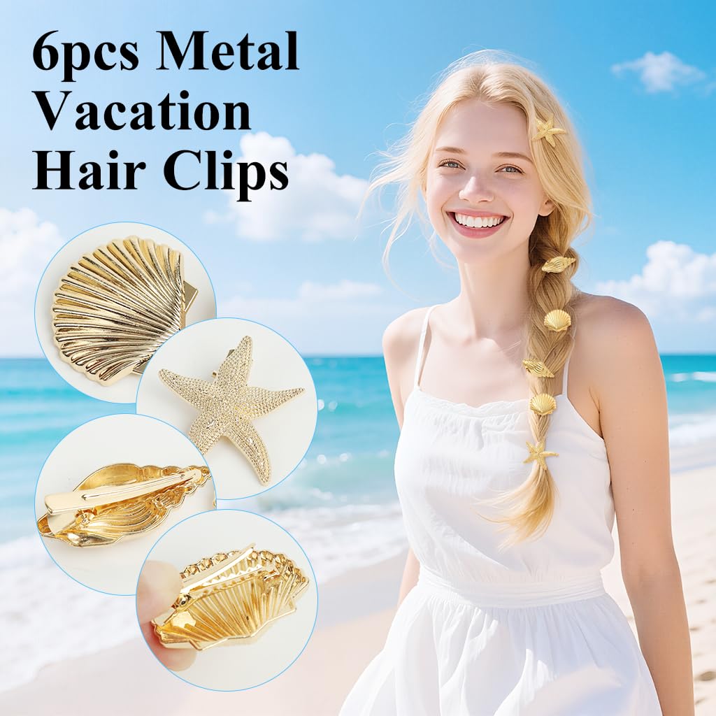 HASTHIP 6-Pack Gold Starfish & Seashell Hair Clips for Women and Girls