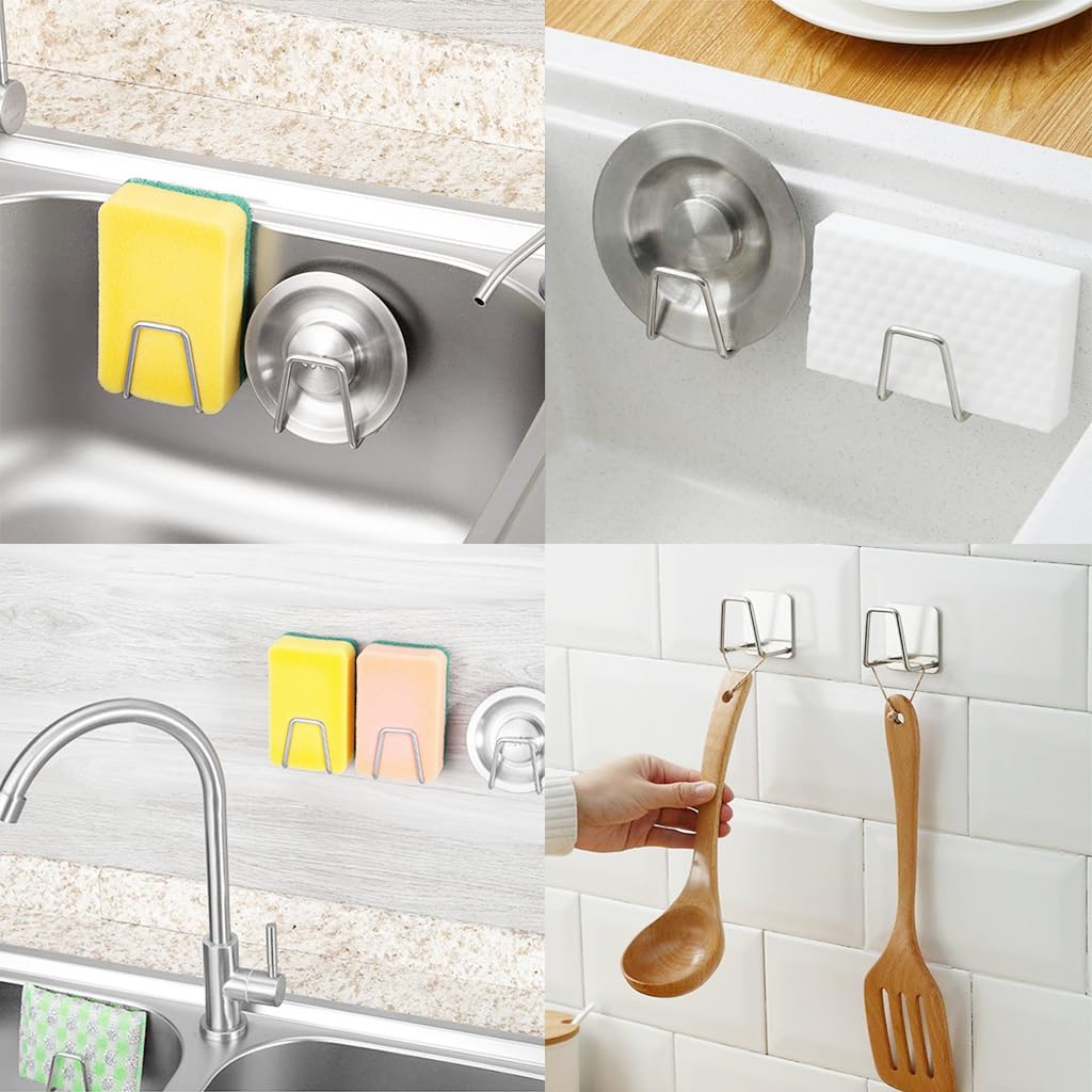 HASTHIP® 2Pcs Self Adhesive Sponge Holder Sink Caddy for Kitchen Sink, 304 Stainless Steel Scrubber Hanger Caddy Accessories forKitchen Accessories, Sliver
