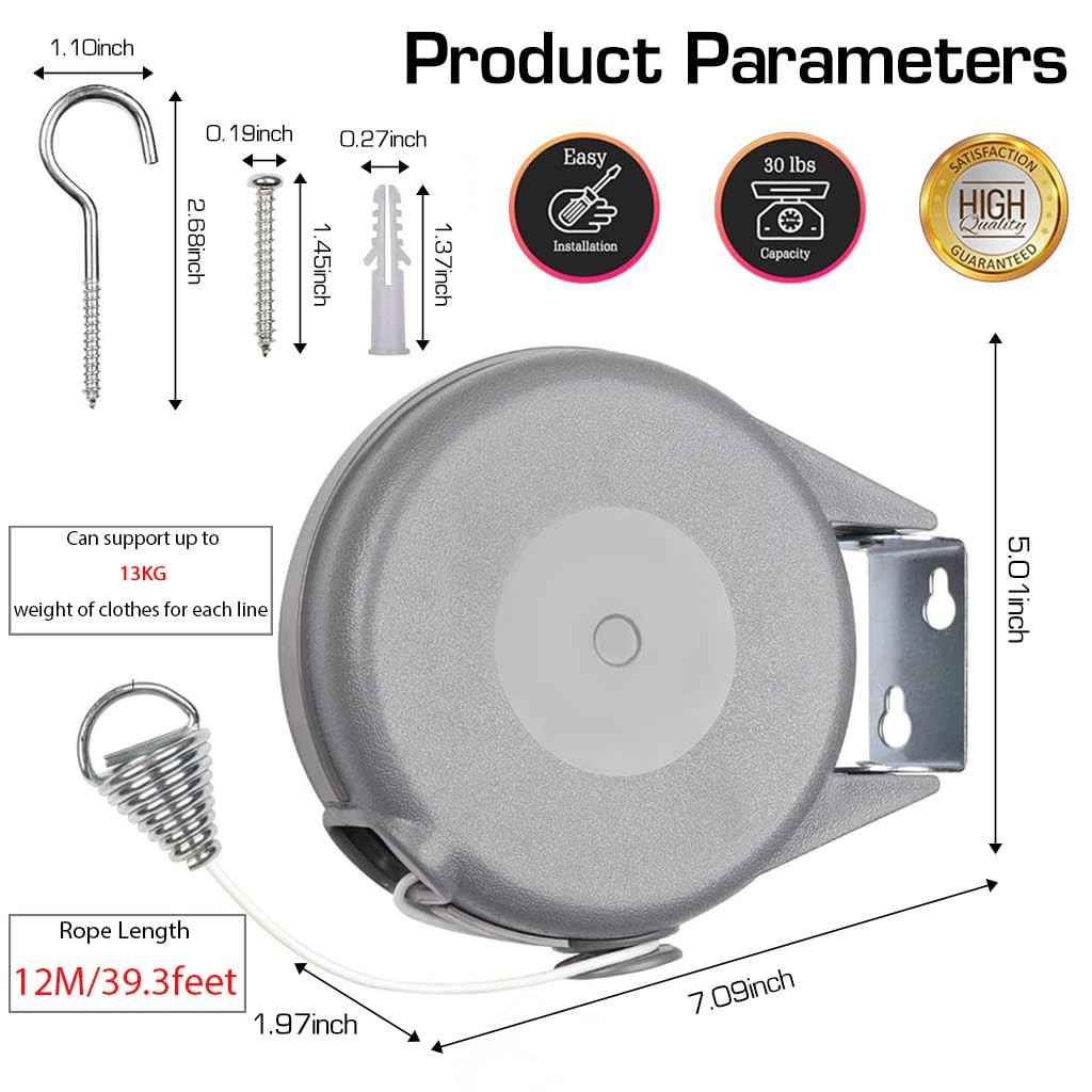 HASTHIP Retractable Clothesline for Indoor and Outdoor Drying with 39ft PVC Line and Wooden Clips | Supports 30lbs