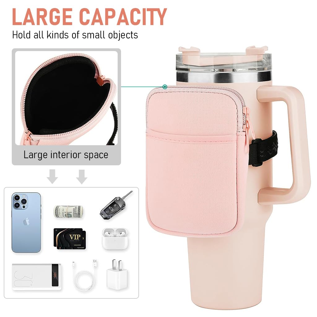 Water Bottle Pouch for Stanley, Gym Accessories with Adjustable Strap for Women, Sports Water Bottle Tumbler Pocket for Phone, Card, Keys, Cash, Pink