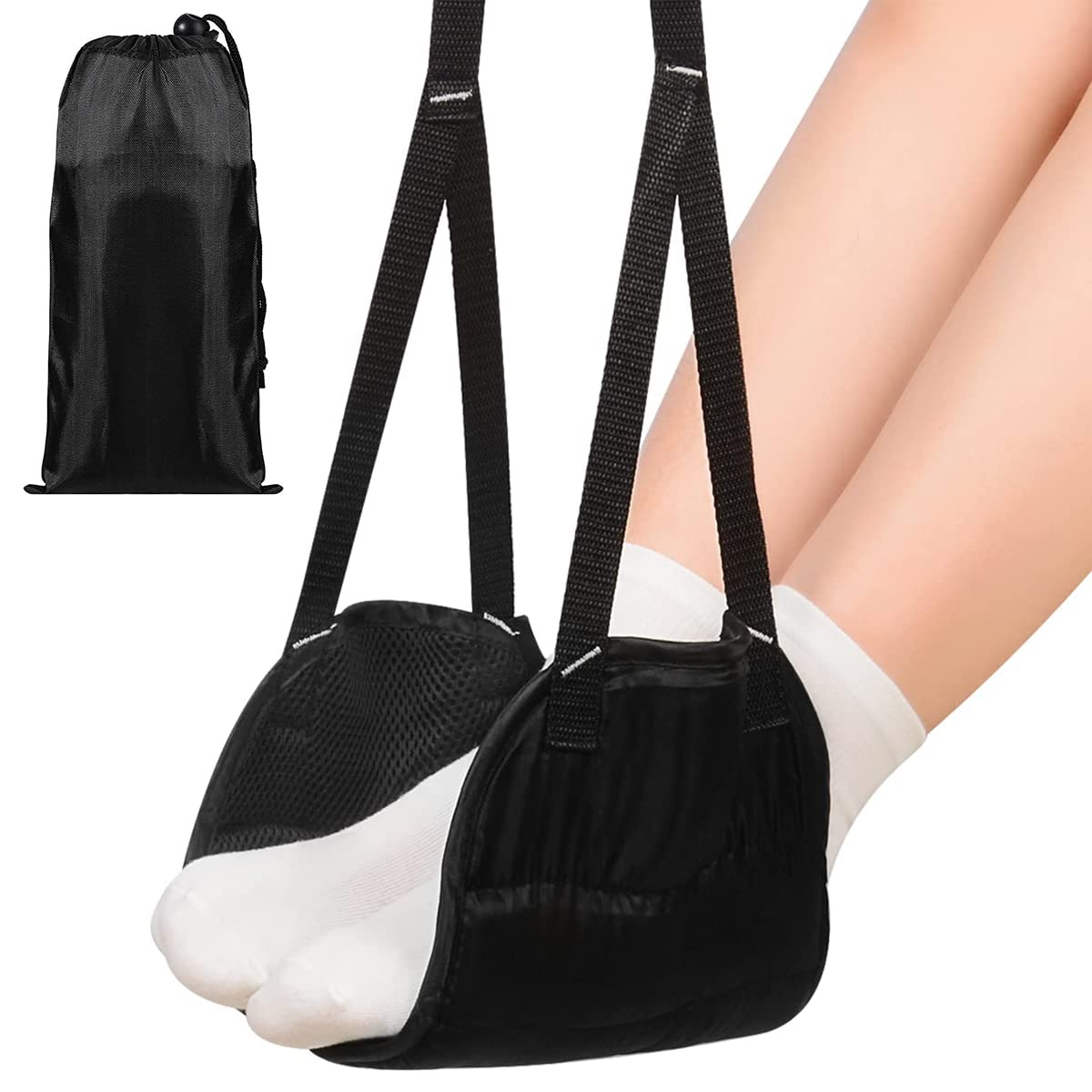 HASTHIP Airplane Footrest for Travel with Adjustable Straps and Wide Hammock Design | Black