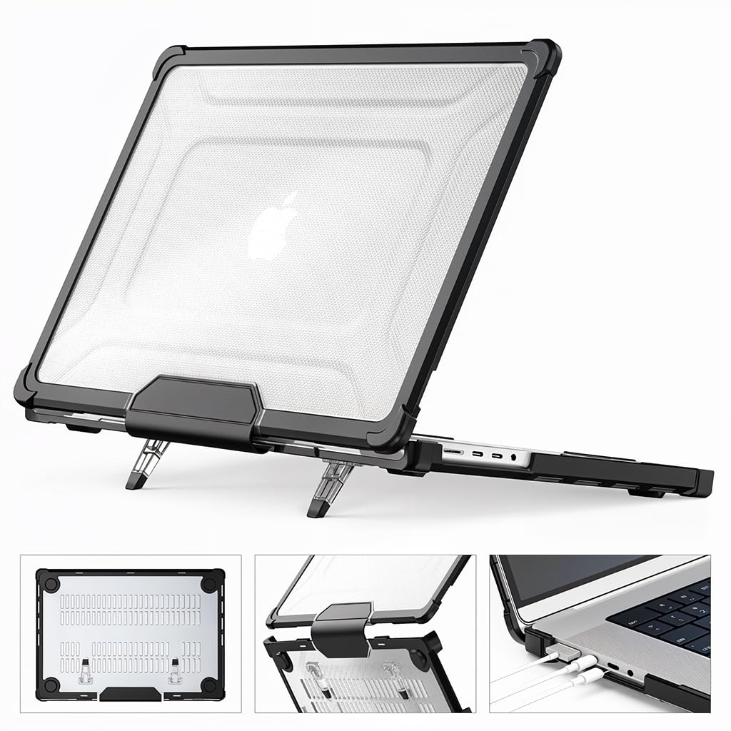 HASTHIP Laptop Case Cover for MacBook Pro 16 inch featuring Riser Feet and Shockproof Hard Shell | Black Scratch Resistant Protection