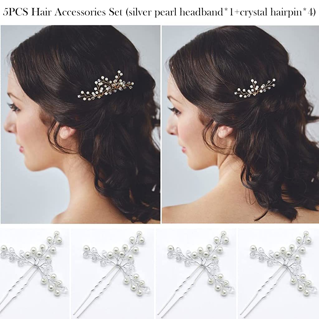 SANNIDHI® 5Pcs Bridal Hair Pin/Girls Hair Accessories, Flower Hair Accessories, Pearl Metal Wedding Hair Vine Crystal Beaded Hair Piece for Bride, Bridesmaids, Anniversary