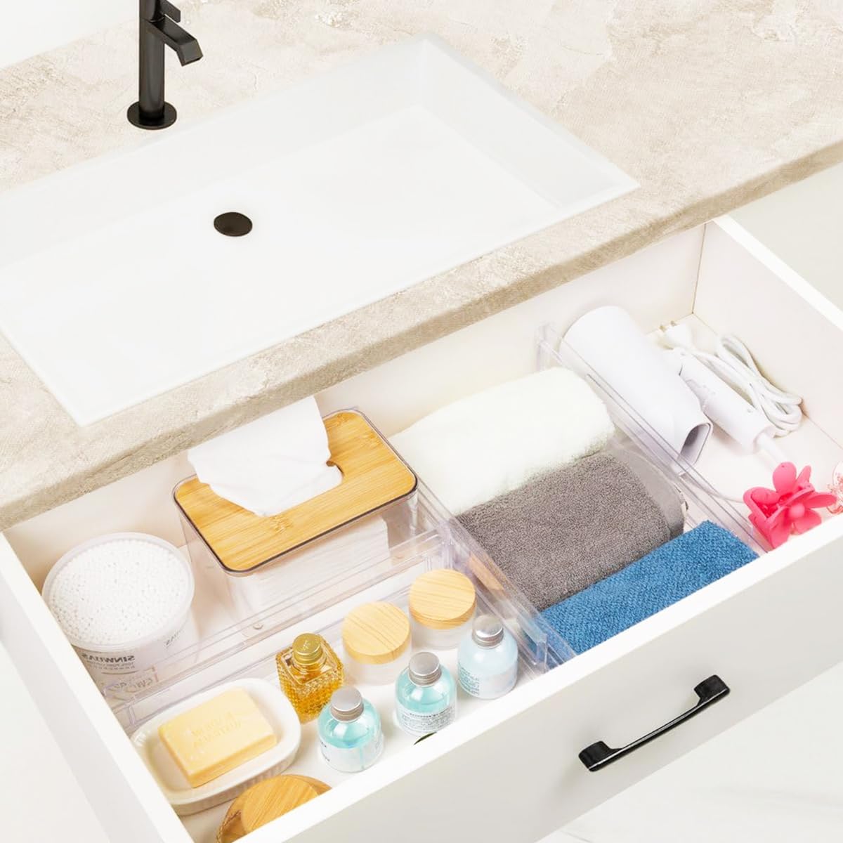 HASTHIP® 2Pcs Drawer Dividers Drawer Organizer Divider Adhesive Drawer Dividers 11''-20.5" Drawer Dividers Transparent Plastic Adhesive Drawer Dividers for Kitchen, Office, Wardrobe