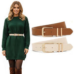 HASTHIP® Cinturones para Mujer de Piel Sintética,Set de 2 Cinturones Finos Beige y Marrón con Hebilla Metálica Circular,Elegantes y Casual para Jeans Vestidos