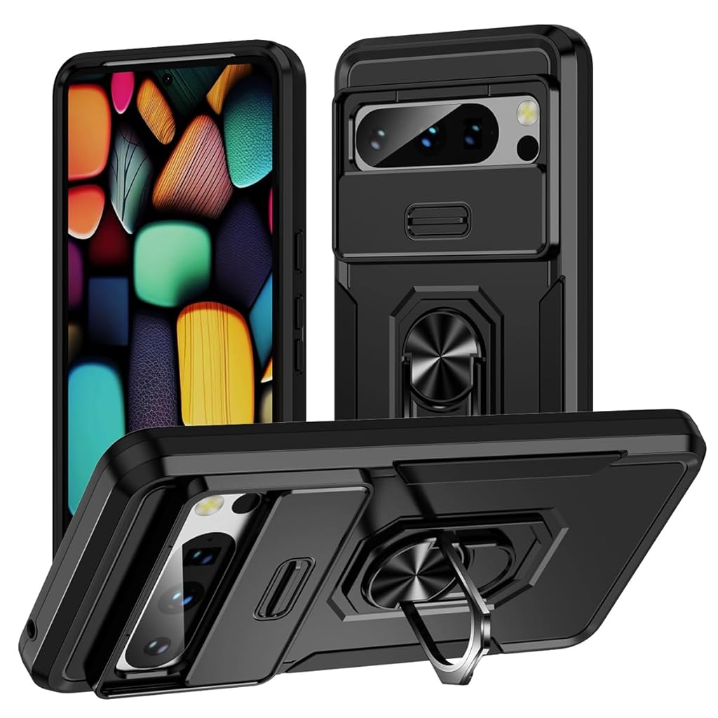 HASTHIP® Kickstand Phone Grip & Sliding Camera Cover, Military-Grade Anti-Scratch 360° Rotatable Stand for Google Pixel 8 Pro, Black PC+TPU, Shockproof, Lightweight, Wear-Resistant Phone Case