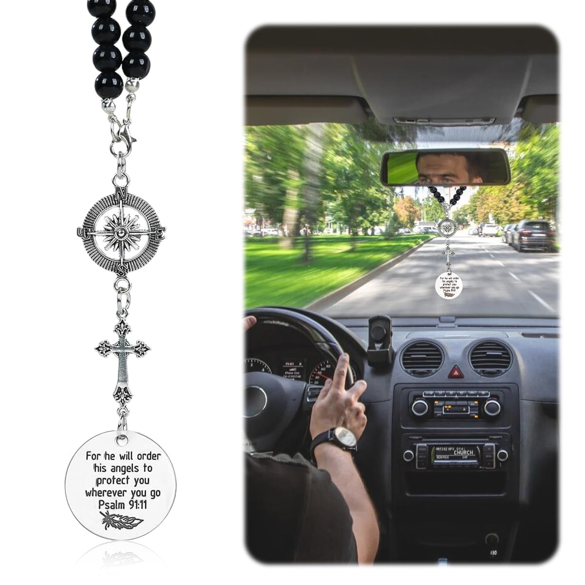 HASTHIP® Colgante de Ángel de la Guarda y Cruz para Espejo Retrovisor del Coche,Decoración Espiritual con Versículo del Salmo,Compás Acero Inoxidable y Cuentas Accesorio Interior