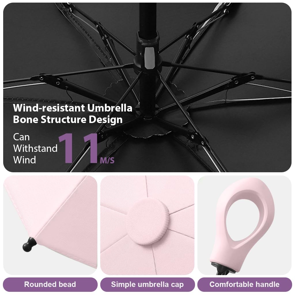 HASTHIP® Mini Sun Umbrella Automatic Open, UPF 50+ Automatic Open/Close Windproof Travel Folding Umbrella with 6 Strong Ribs Design, 99 UV Protection Fashion Outdoor Umbrella with Hanging Handle, Pink