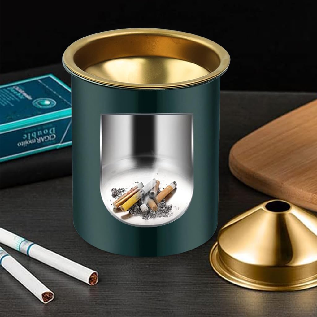 HASTHIP Stainless Steel Ashtray for Home Office and Car featuring Windproof Funnel Lid 3.9 in Green
