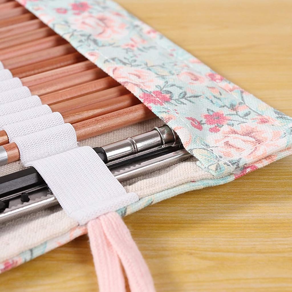 HASTHIP® Canvas Handmade Knitting Pencil Roll Wrap Holder, Large Capacity 48 Slots Pencil Case, Multi-Compartment Portable Canvas Pouch Organizer for School Office Art Supplies, Pink
