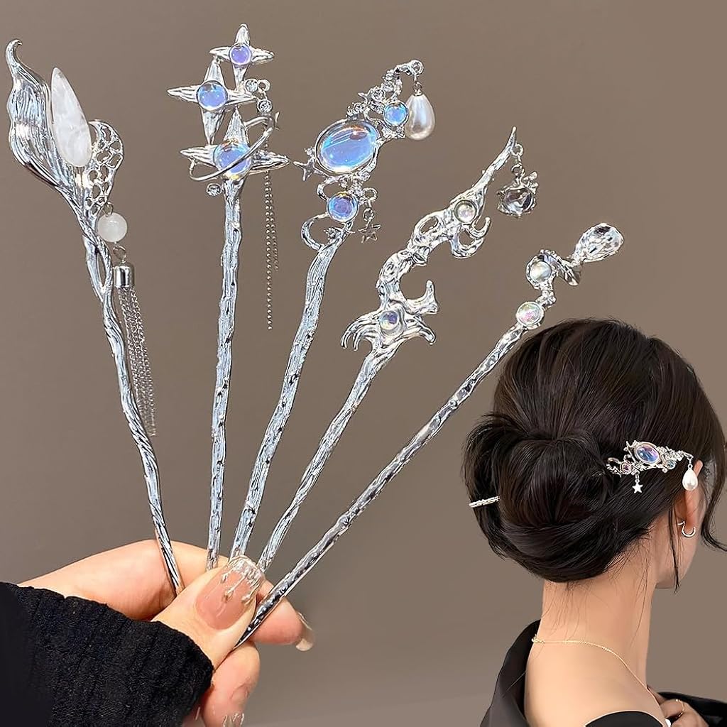 HASTHIP® 5 Pcs Palillos para el Cabello con Estrella y Piedra Lunar,Horquillas Vintage de Metal Plateado,Estilo Chino para Moños y Peinados Largos Accesorios Elegantes Mujeres