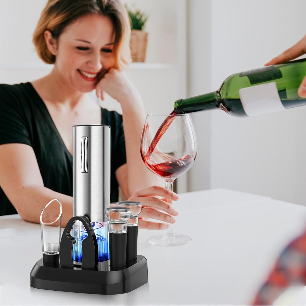 Electric Wine Opener with Charging Base, Rechargeable Automatic One-Button Corkscrew Opener Kit with Foil Cutter, 2pcs Vacuum Stopper and Wine Aerator Pourer for Home Party Wedding