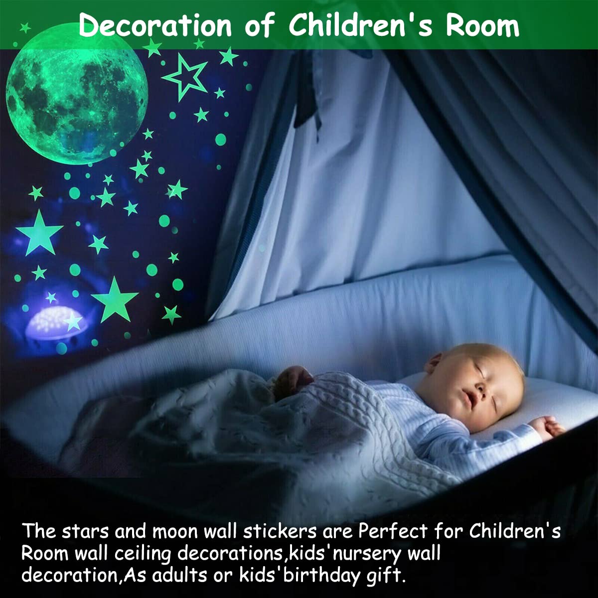 HASTHIP 3D Luminous Wall Stickers for Kids Room with 30cm Moon and 435pcs Stars | Waterproof PVC Night Glow Decoration