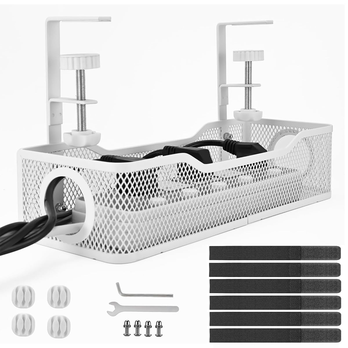 HASTHIP® No Drill Under Desk Cable Management Tray, Adjustable Metal Wire Organizer Rack with Clamp for Cord, Power Strip & Network Cable Storage, Office Or Home Use, 13x4.7x3.1 inches (White)