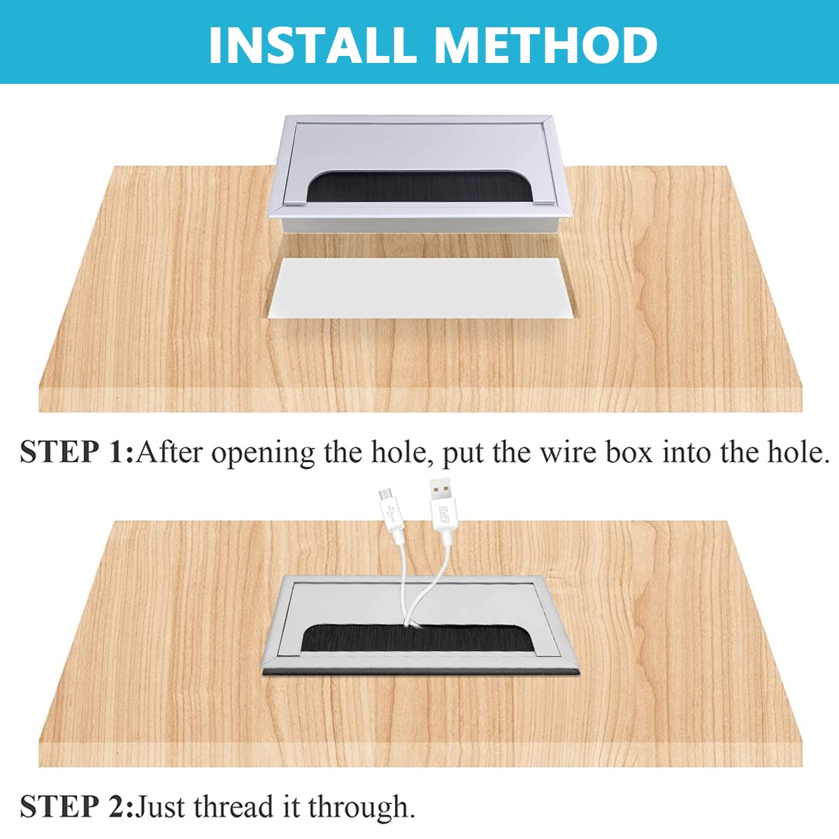 Rectangle Metal Wire Cable Hole Cover Grommet with Dust-Proof Brush, Wire Manager for Table, Aluminium Desk Hole Cap for Office and Computer Desks (160mm*80mm, Silver)