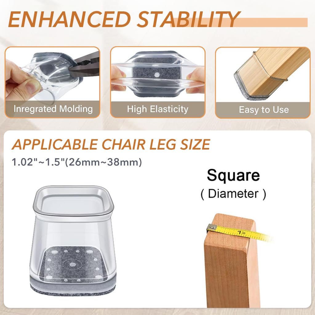 HASTHIP Chair Leg Floor Protectors 16 pcs for 1–1.5 in Legs with Felt Pad Non Slip Silicone | Floor and Noise Protection for Dining and Office Chairs