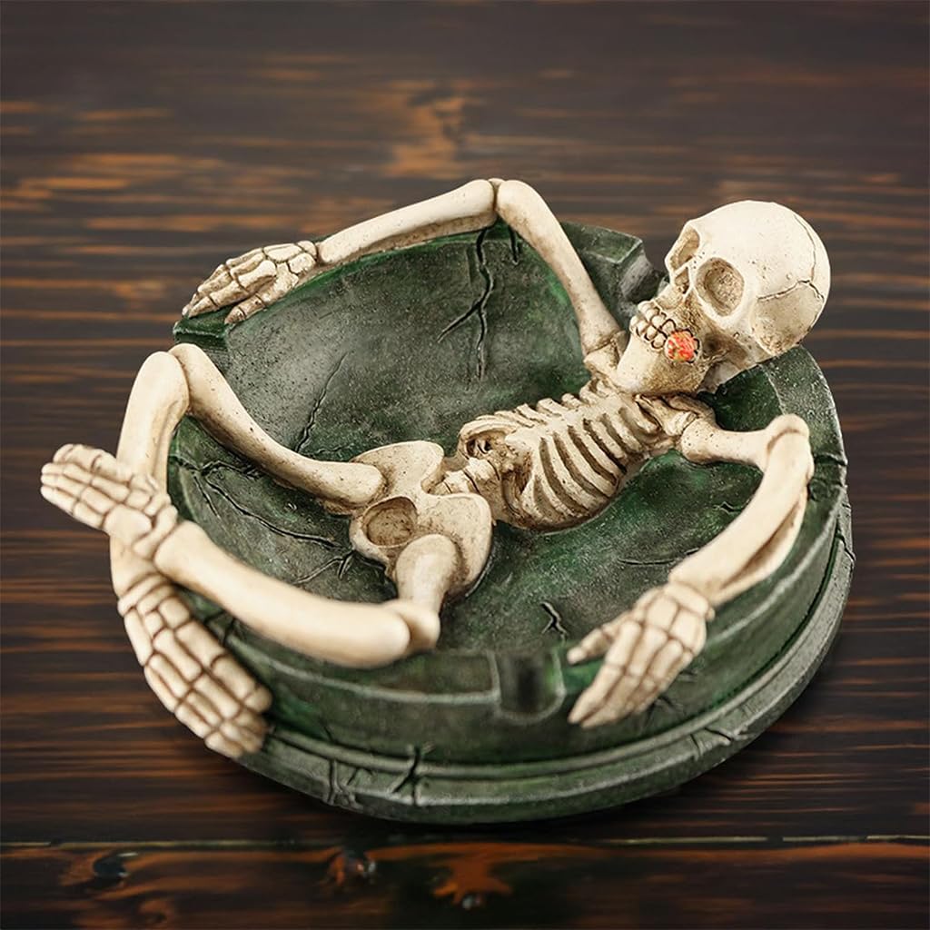 HASTHIP Skeleton Ashtray for Halloween Decor with 3 Cigarette Slots and Resin Craft 4.3x4.9 in
