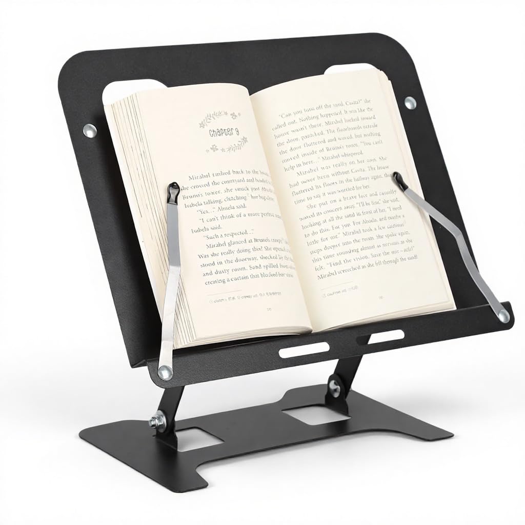 HASTHIP® Adjustable Metal Book Stand, Folding Cookbook Holder with Page Clips, Tablet & Laptop Support for Desk, Bed, Kitchen or Study Reading