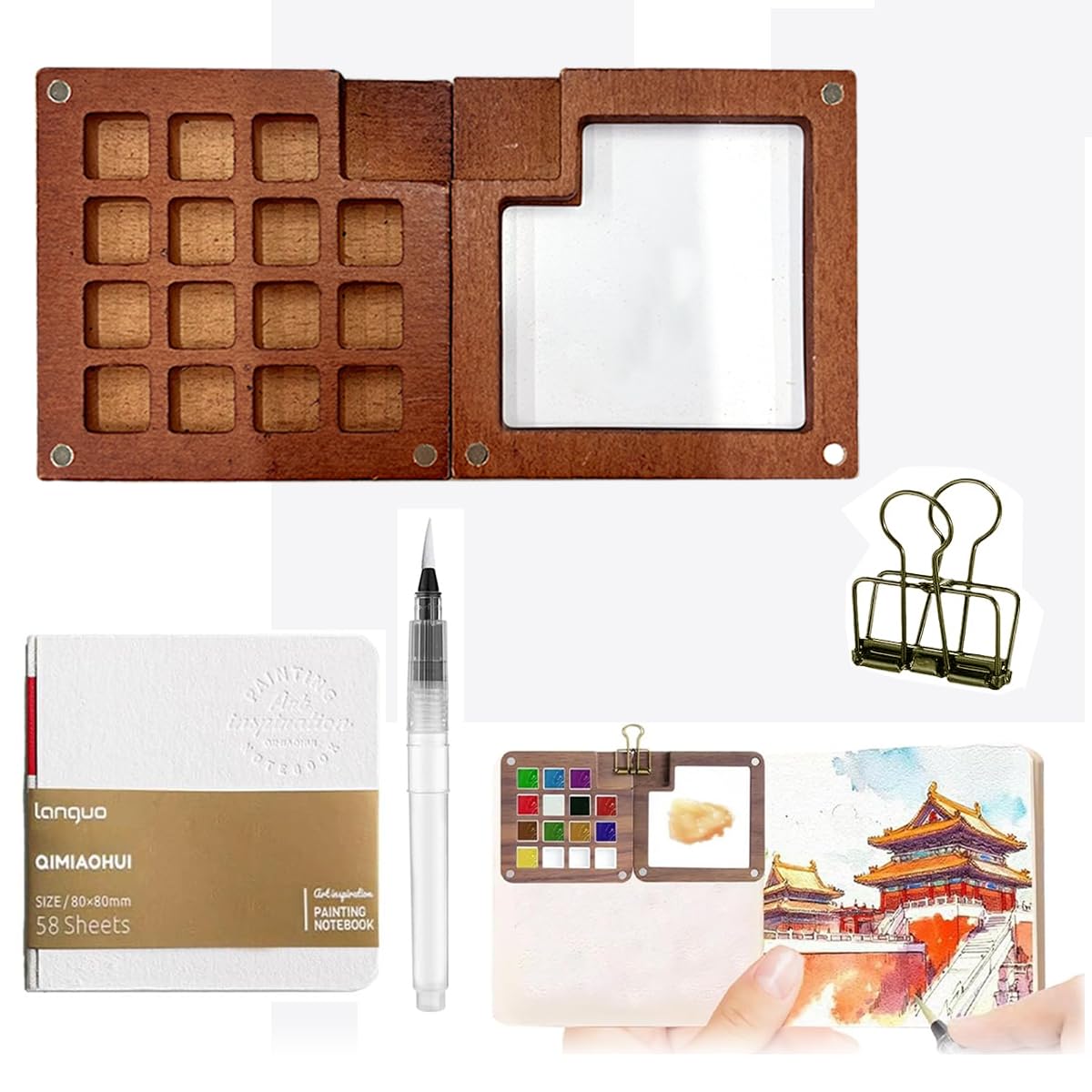 HASTHIP Tear Off Pocket Water Painting Book with 15 Grid Wooden Palette & Brush Pen for Travel Art Sketching | Compact Kit for Creative Painting Anywhere