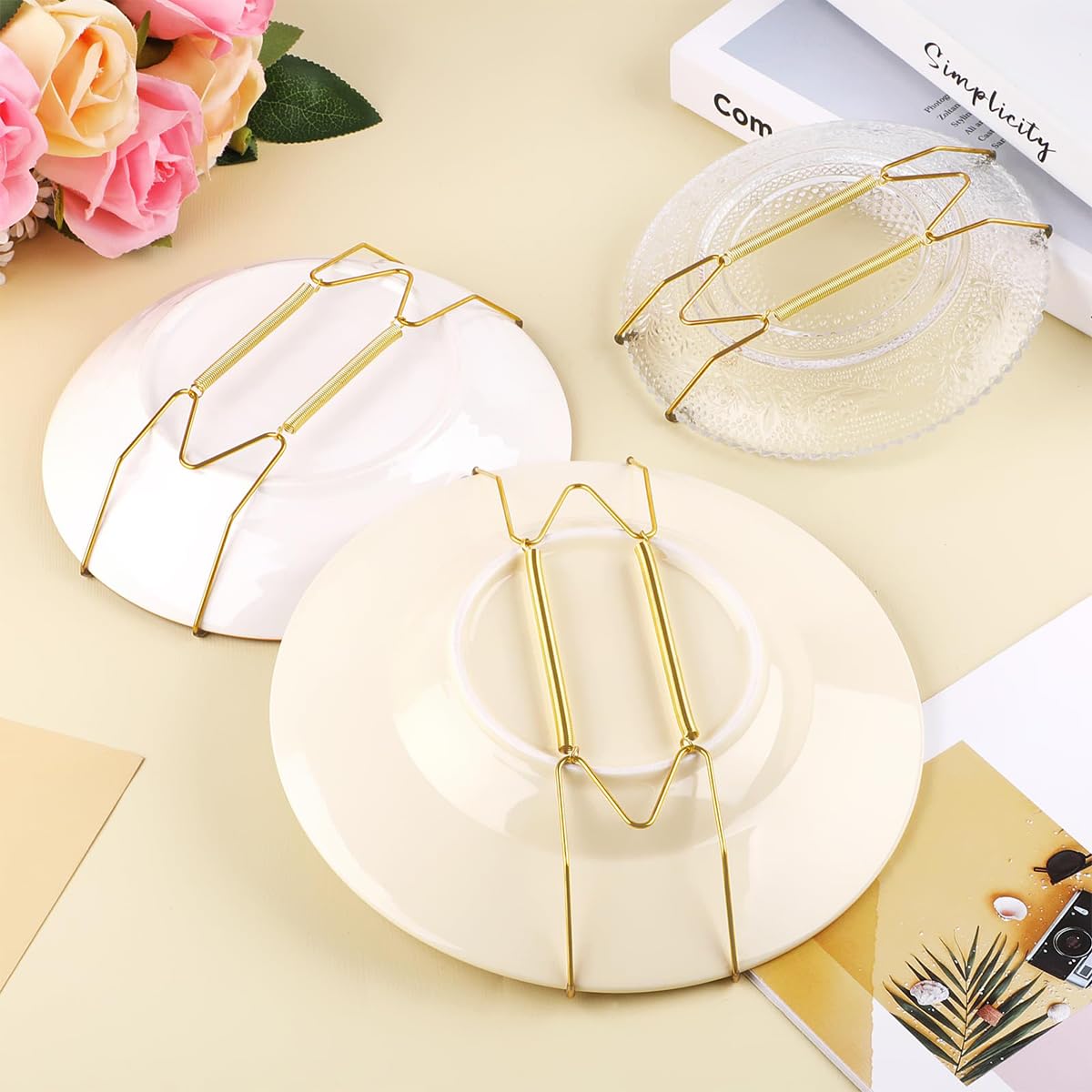 HASTHIP Spring Plate Hangers for Home Wall Decor featuring Secure Spring Mechanism and Golden Stainless Steel Fit 5.5 to 8 in Plates